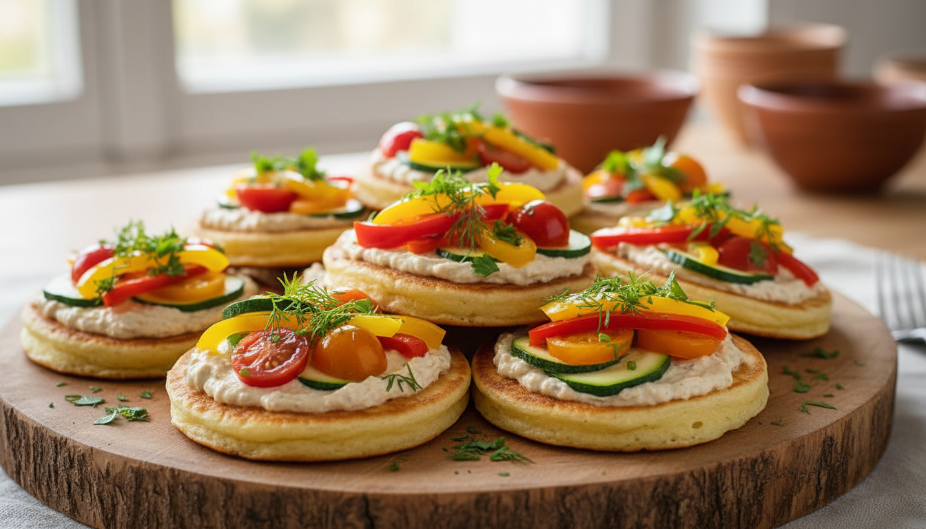 découvrez nos blinis maison garnis de légumes marinés et accompagnés d'une tartinade végétale savoureuse, parfaits pour une entrée saine et gourmande.