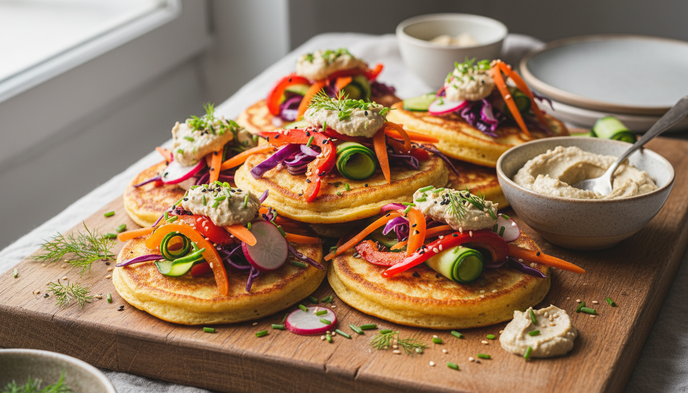 découvrez nos blinis maison garnis de légumes marinés et d'une tartinade végétale savoureuse, parfaits pour une entrée légère et pleine de saveurs naturelles.