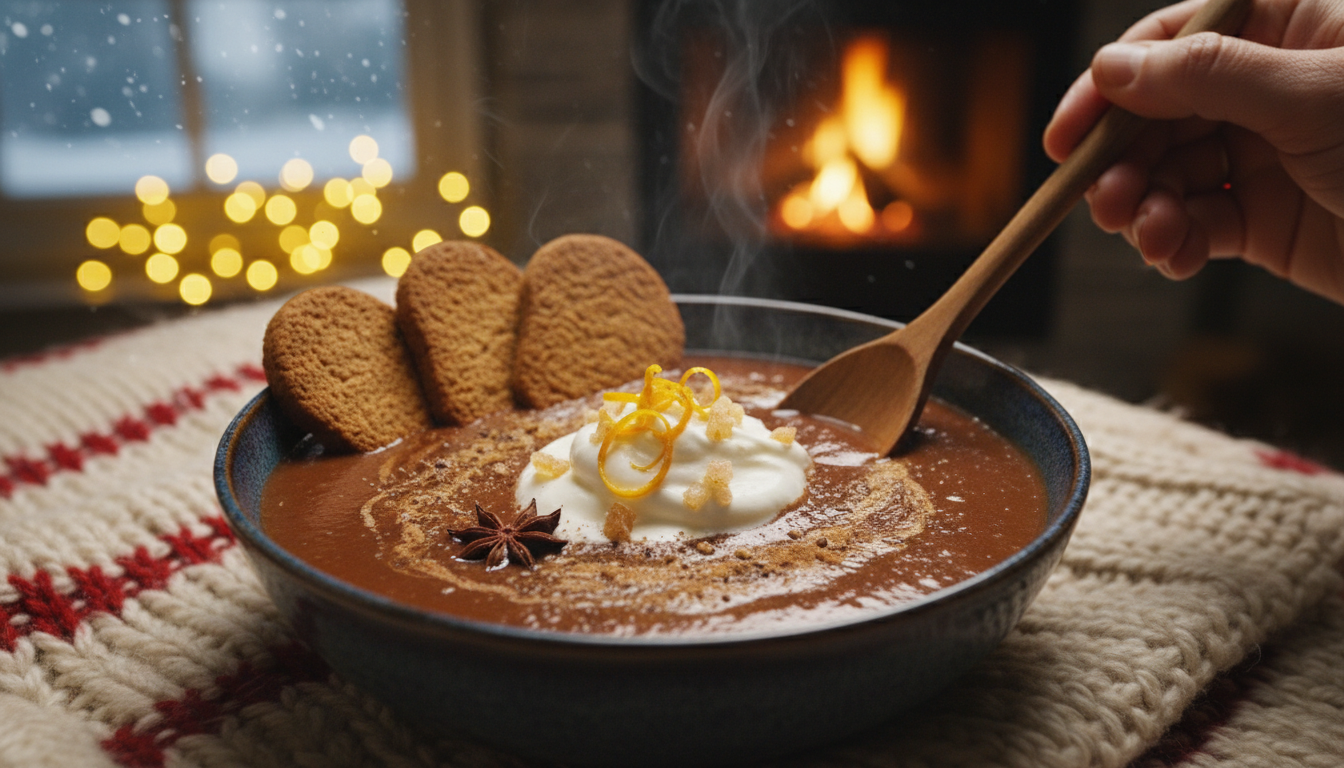 découvrez un velouté chaud-froid original aux châtaignes, épices et pain d'épice grillé, une recette surprenante qui ravira vos papilles après les fêtes.