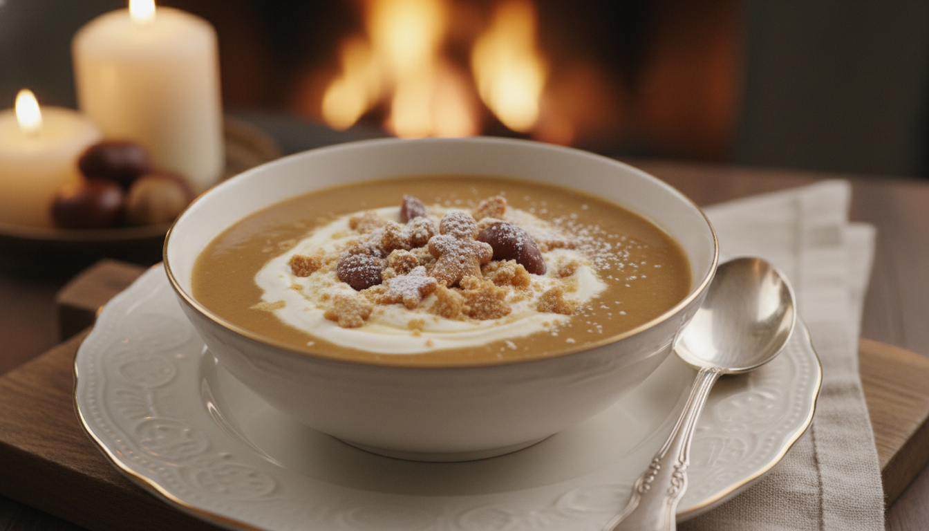 découvrez un velouté chaud-froid unique alliant châtaignes, épices et pain d’épice grillé pour éveiller vos papilles et réchauffer vos sens après les fêtes.
