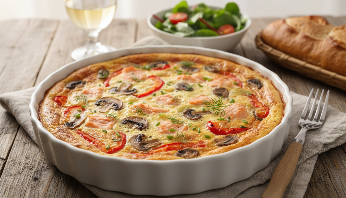 découvrez notre clafoutis aérien au saumon, sublimé par des poivrons croquants et des champignons savoureux pour un plat léger et gourmand.