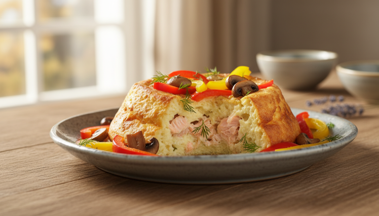 découvrez un clafoutis aérien au saumon, agrémenté de poivrons croquants et de champignons savoureux, pour une recette légère et pleine de saveurs.