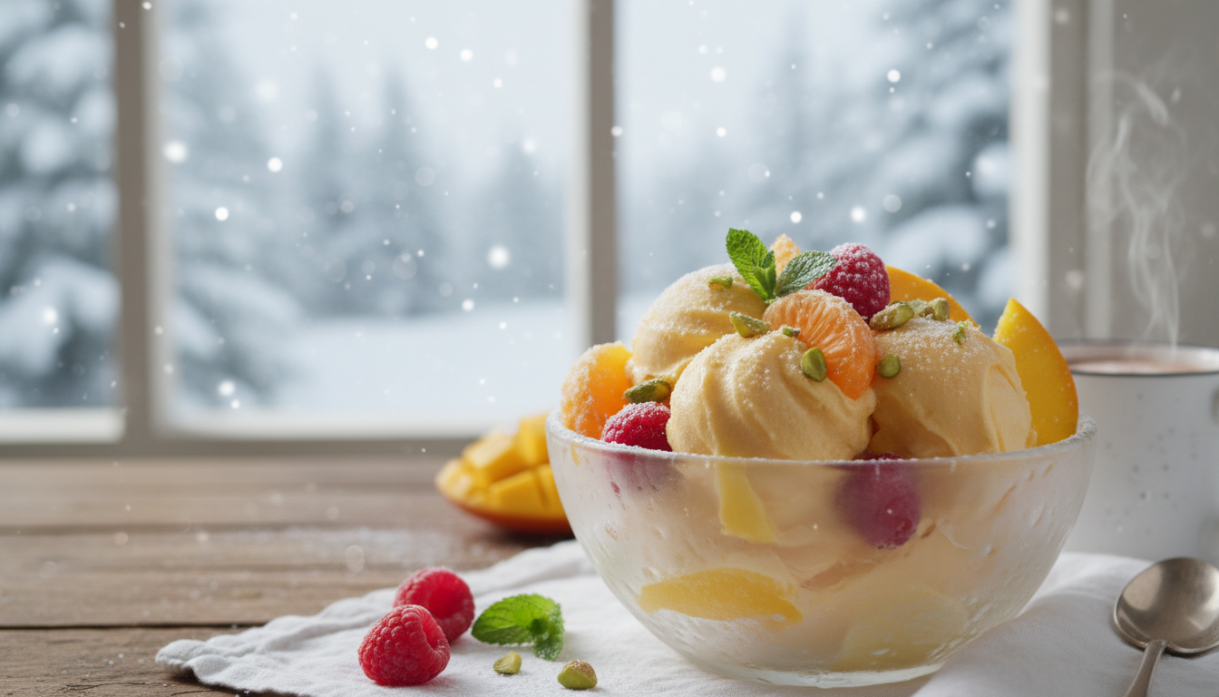 savourez notre yaourt glacé mangue-clémentine prêt en 5 minutes, un dessert hivernal frais et rapide qui transformera vos moments gourmands.