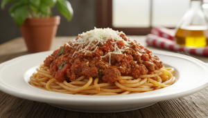 savourez nos spaghettis bolognaise authentiques, généreusement nappés de fromage italien râpé pour un délice gourmand et traditionnel.