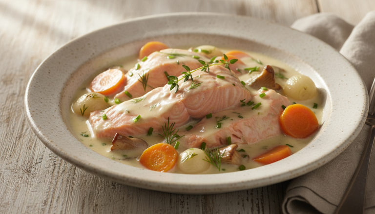 découvrez notre recette légère et savoureuse de saumon mijoté façon blanquette, un délice crémeux parfait pour un repas gourmand et allégé.