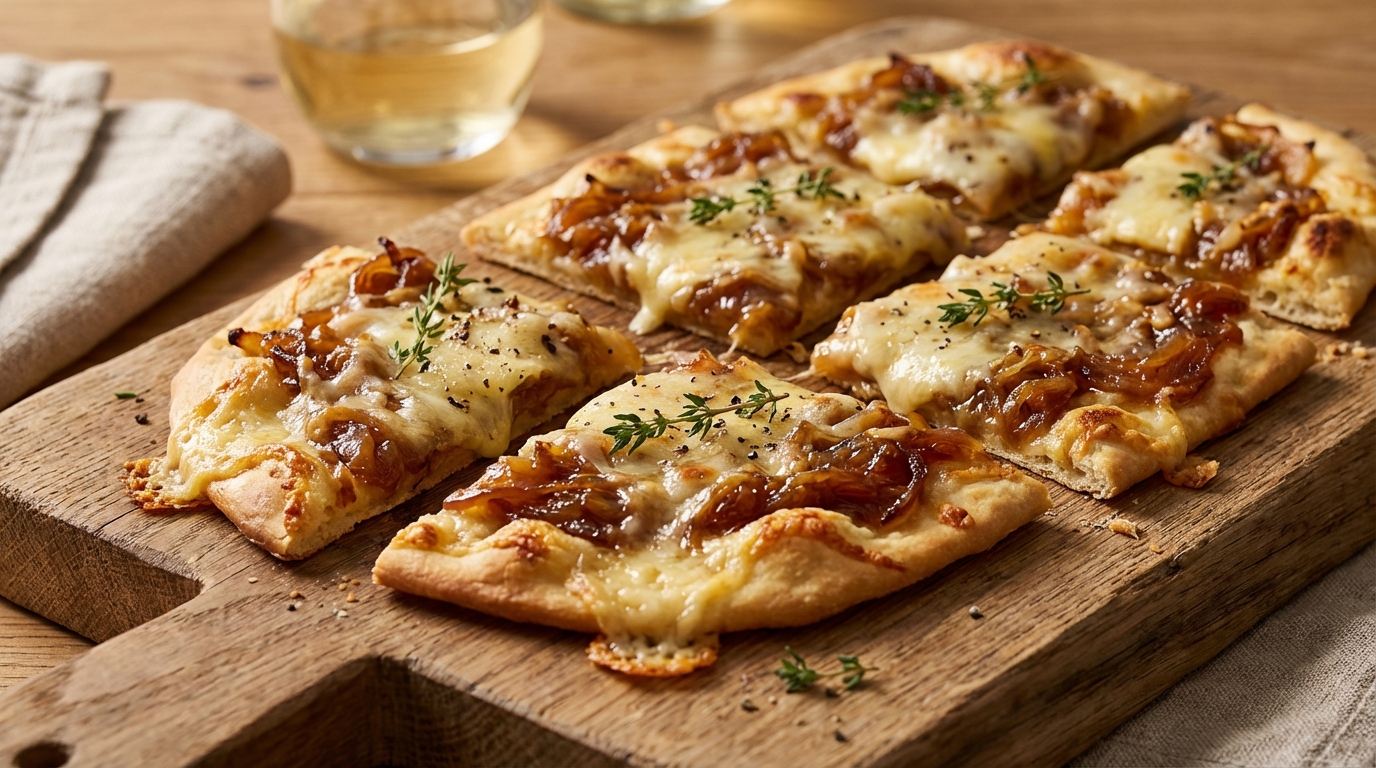 savourez nos tartes flambées gourmandes d'alsace, délicatement garnies d'oignons caramélisés et de fromage fondant pour une expérience authentique et savoureuse.