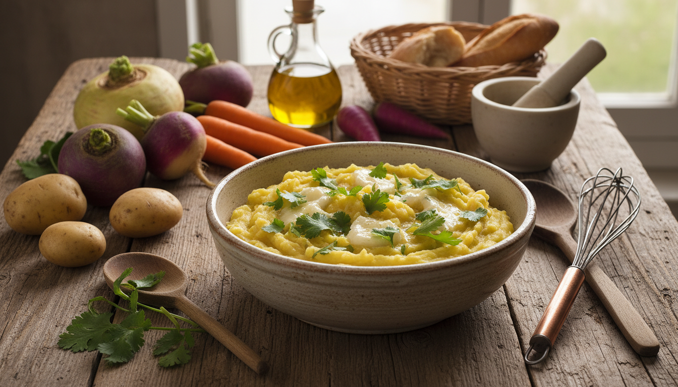 découvrez notre recette facile et savoureuse de purée de rutabaga à la coriandre et fromage frais, un délice crémeux qui émerveillera vos papilles.