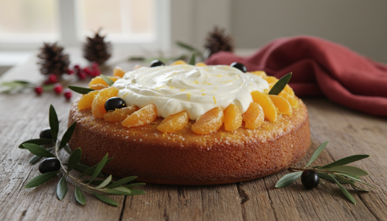 savourez un gâteau moelleux à la clémentine, délicatement parfumé à l’huile d’olive citronnée, accompagné d’une onctueuse crème mascarpone, pour un délice festif irrésistible.
