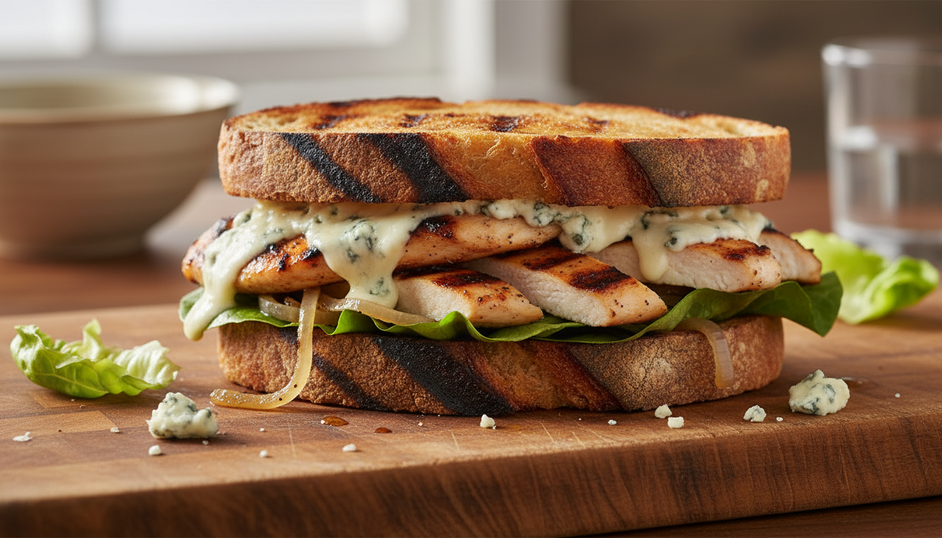 découvrez le sandwich délice grillé au poulet et fromage bleu, une explosion de saveurs intenses pour un repas gourmand et savoureux.