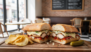 savourez un délice grillé avec notre sandwich au poulet et fromage bleu, alliant saveurs riches et goût intense pour un repas gourmand et authentique.