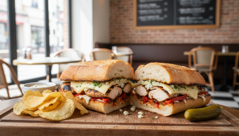 savourez un délice grillé avec notre sandwich au poulet et fromage bleu, alliant saveurs riches et goût intense pour un repas gourmand et authentique.