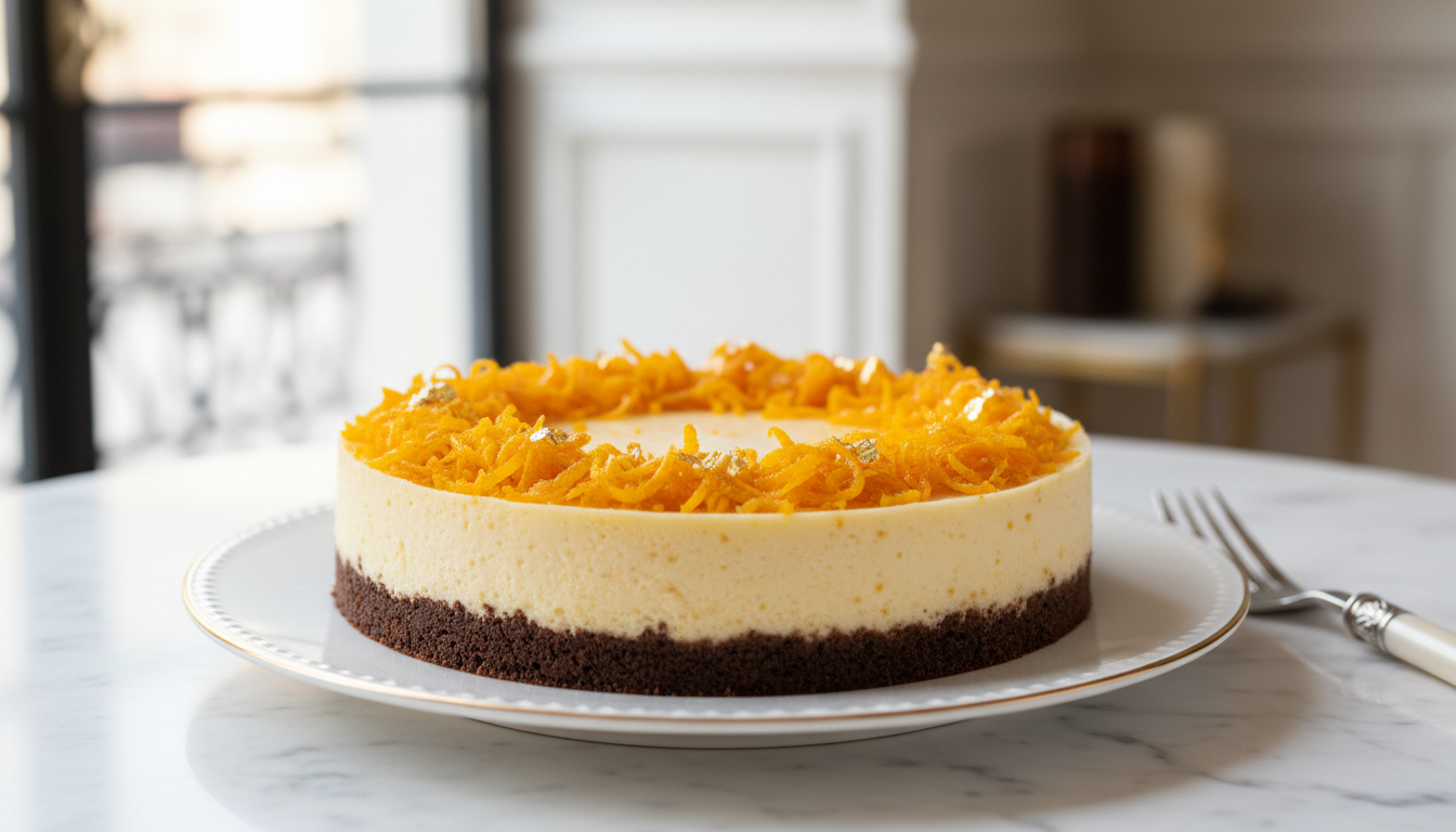 savourez un cheesecake à l'orange léger et rafraîchissant, posé sur un lit de chocolat fondant, pour une expérience gourmande irrésistible.
