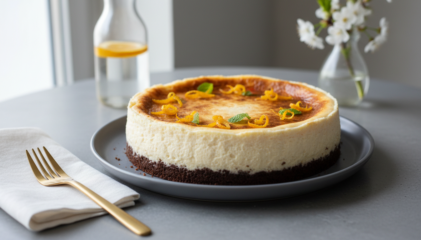 savourez un cheesecake à l'orange léger et gourmand, posé sur un lit de chocolat fondant pour une explosion de saveurs inédites.