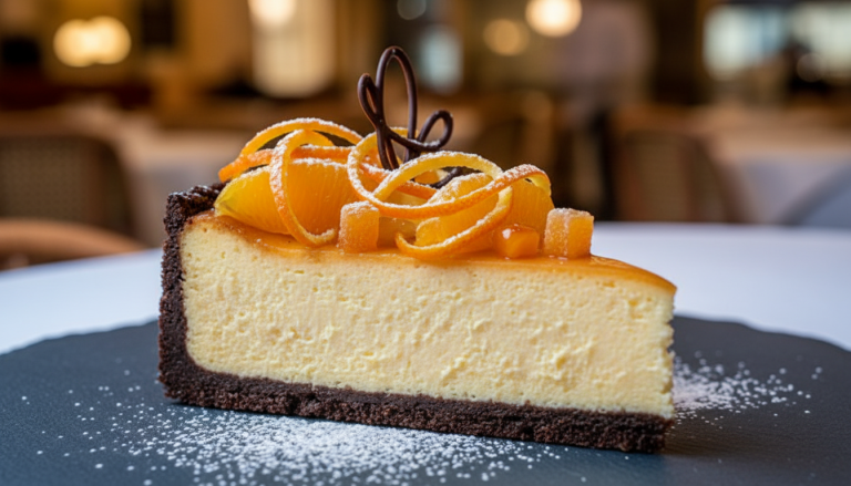 découvrez notre cheesecake à l'orange léger et irrésistible, posé sur un lit de chocolat fondant pour un dessert gourmand et rafraîchissant.