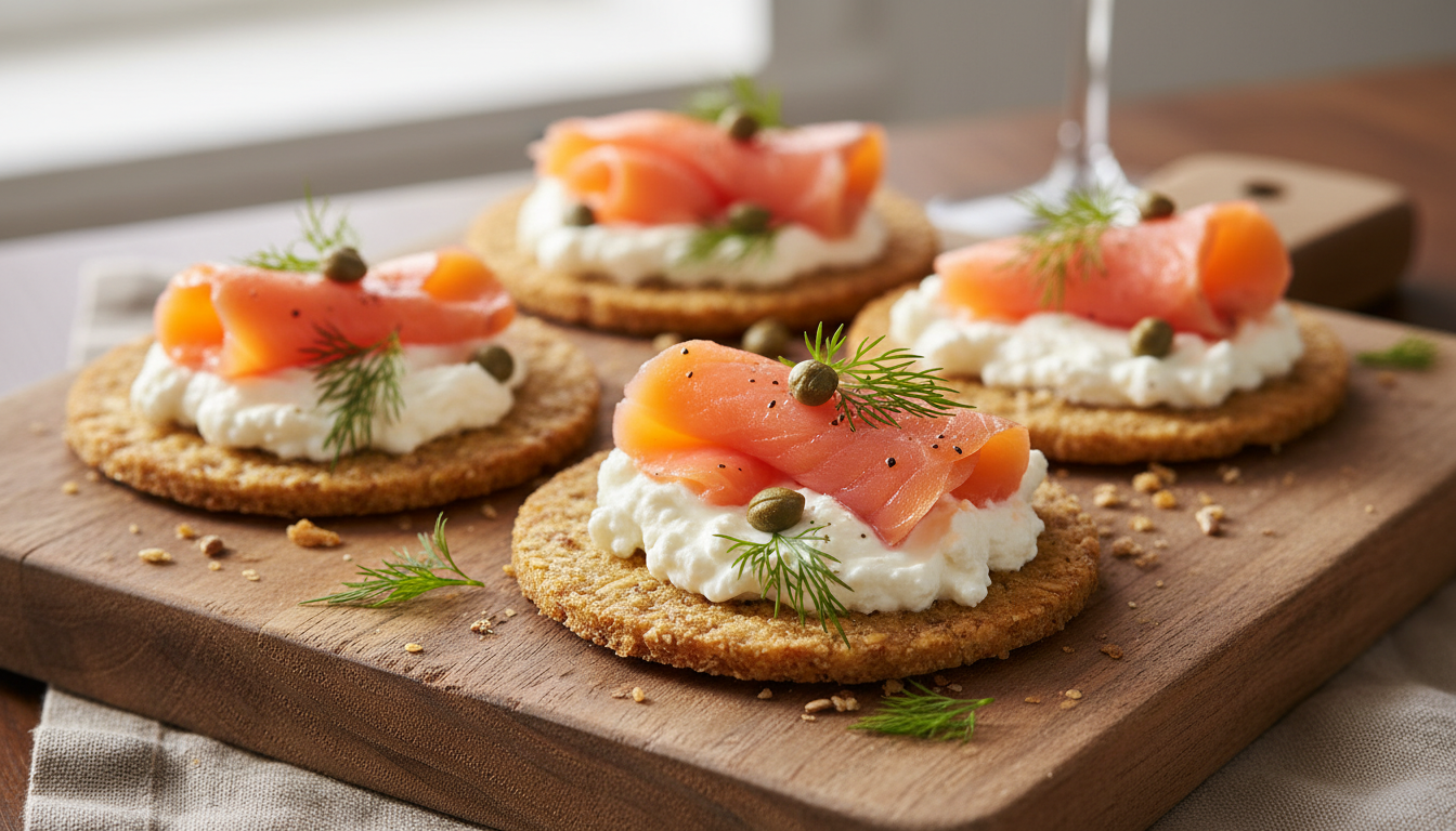 découvrez nos délices croquants : des crackers légers garnis de saumon fumé savoureux et de fromage frais onctueux, parfaits pour un apéritif gourmand et raffiné.
