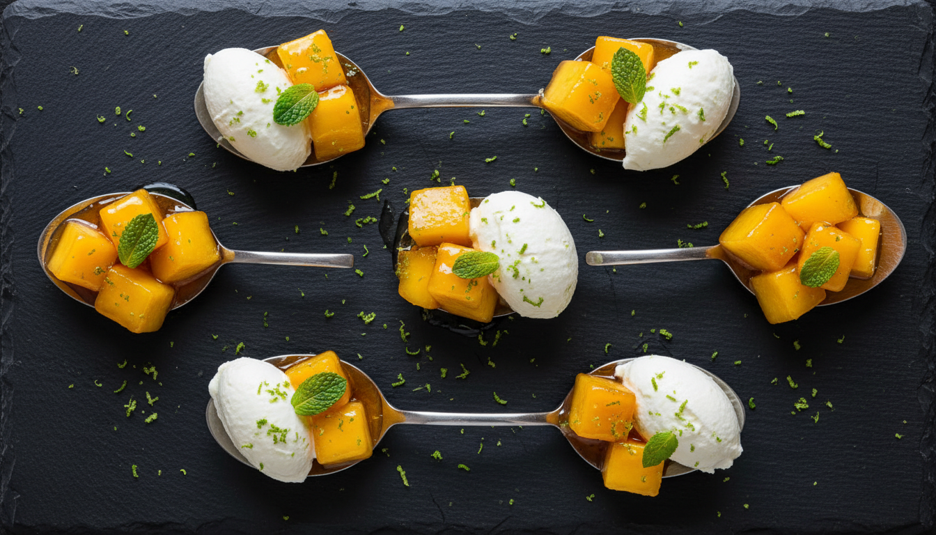 découvrez l'harmonie parfaite entre douceur et salé avec nos cuillères de mangue rôtie au miel et fromage frais, un délice gourmand et facile à préparer.
