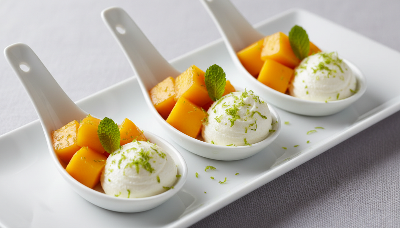 découvrez nos délices sucrés-salés avec des cuillères de mangue rôtie au miel et au fromage frais, une recette gourmande et raffinée parfaite pour vos apéritifs ou desserts.