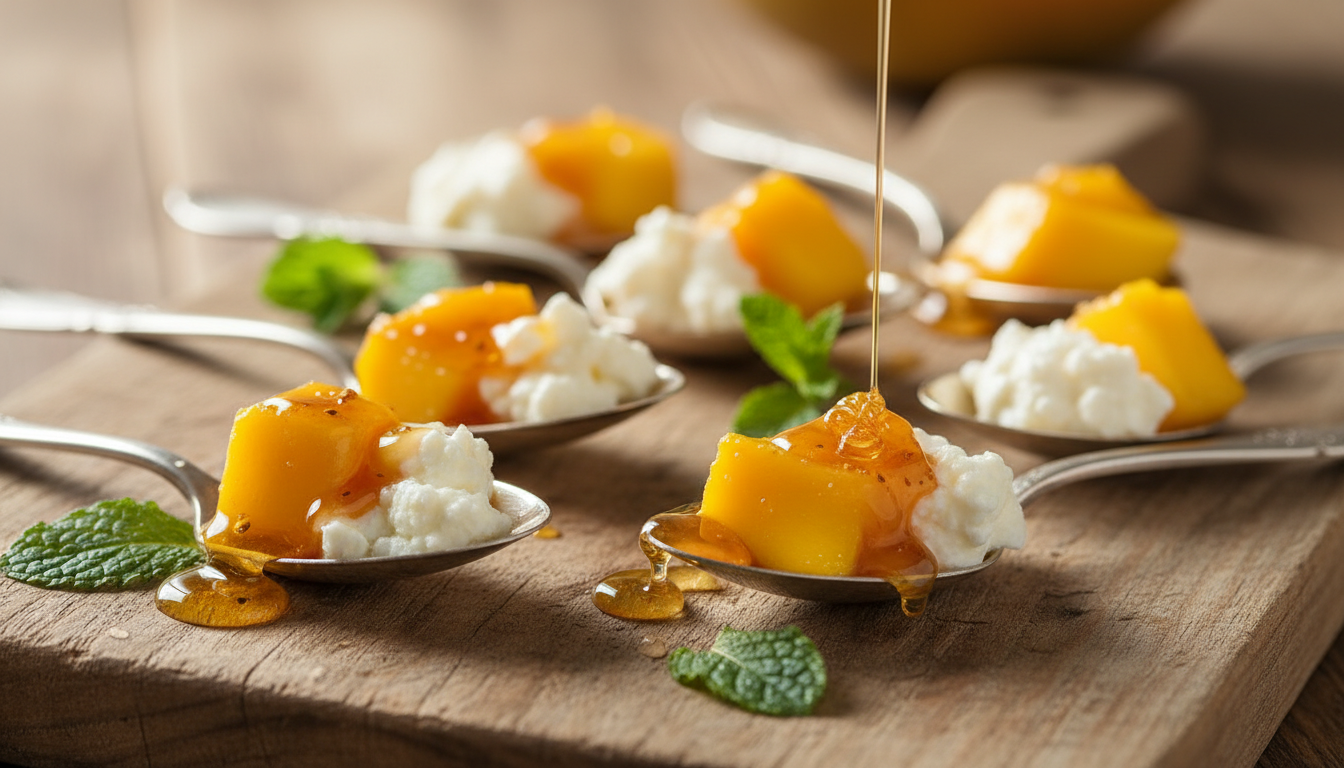savourez l'alliance parfaite entre douceur et fraîcheur avec nos cuillères de mangue rôtie au miel et au fromage frais, une délicieuse entrée sucrée-salée facile à réaliser.