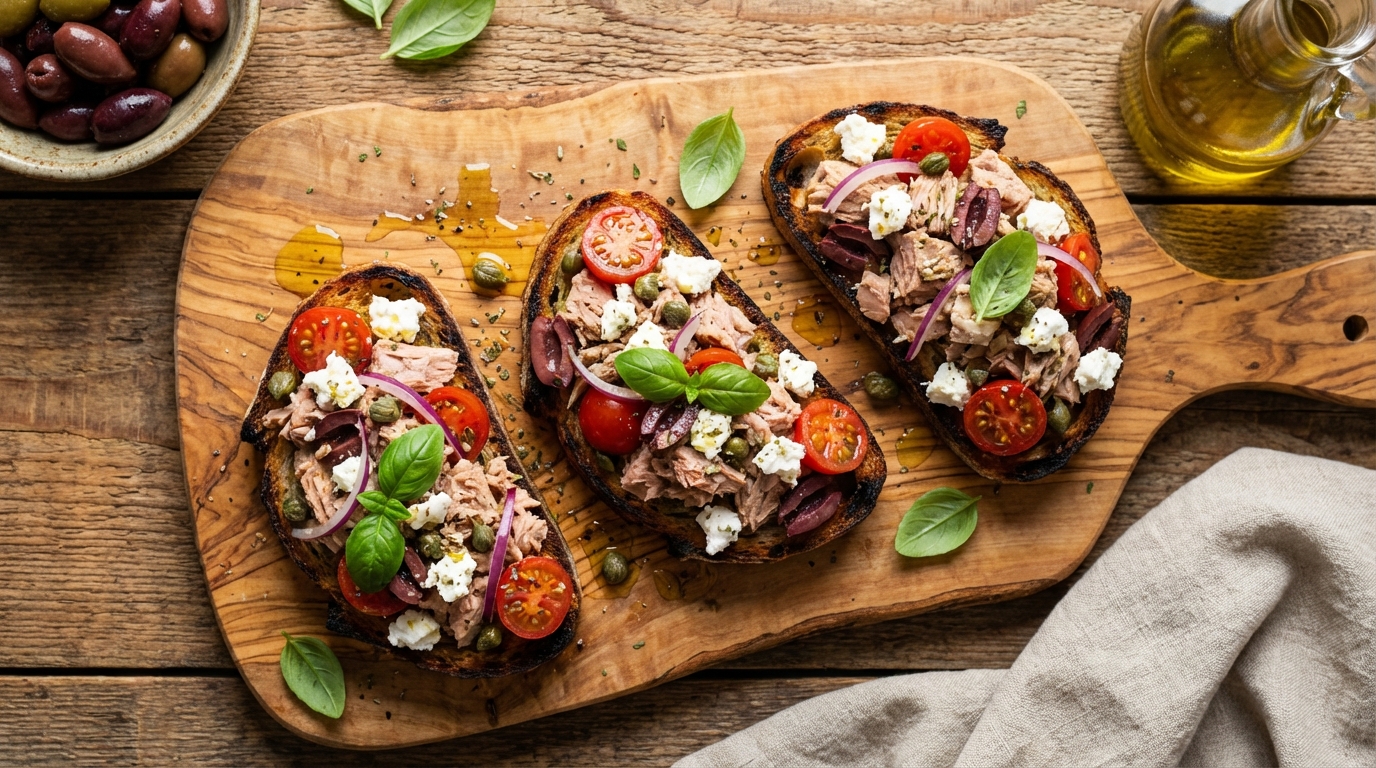 découvrez notre délicieuse recette de bruschetta au thon et chèvre, facile à préparer et pleine de saveurs méditerranéennes pour un apéritif gourmand.