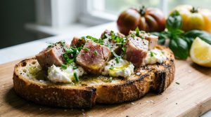 découvrez notre délicieuse recette de bruschetta au thon et chèvre, une association savoureuse et facile à préparer pour vos apéritifs ou repas légers.