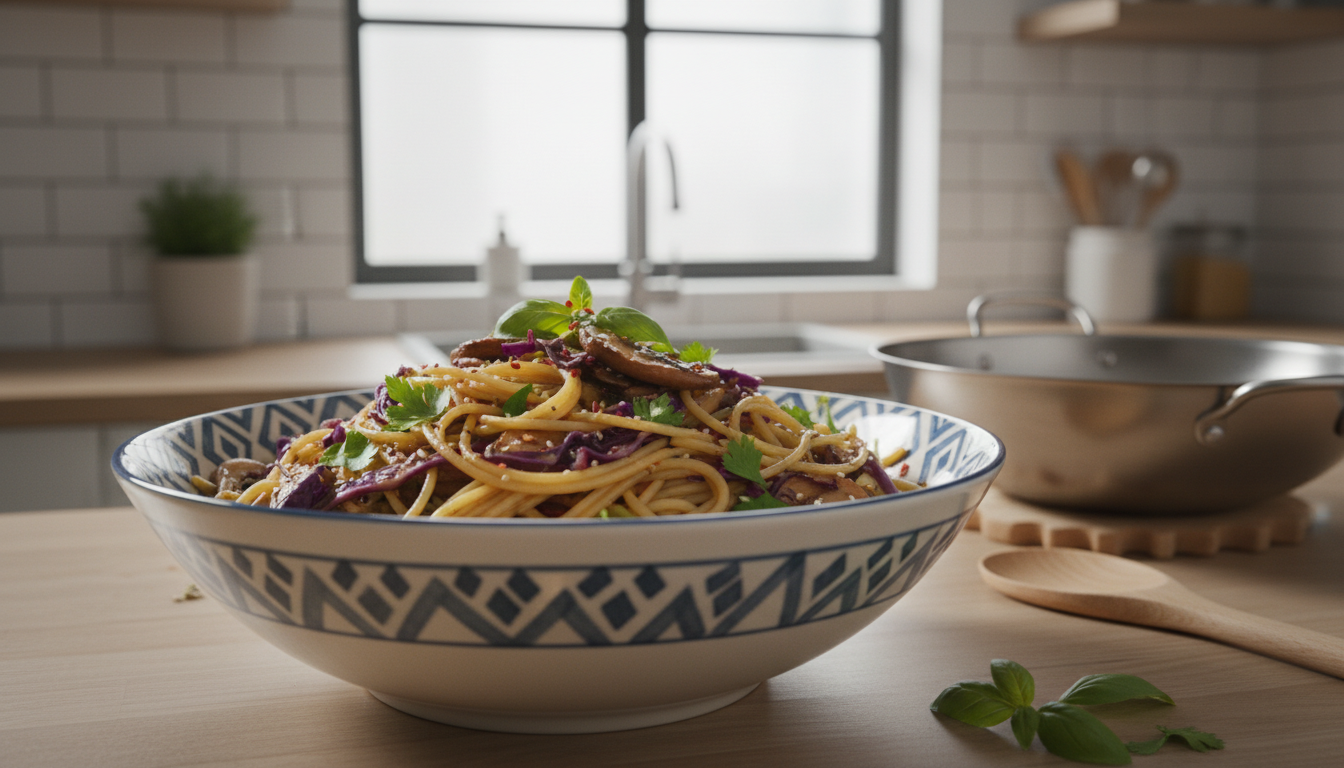 découvrez une délicieuse poêlée de pâtes aux légumes frais, alliant chou et champignons pour une recette saine, savoureuse et rapide à préparer.