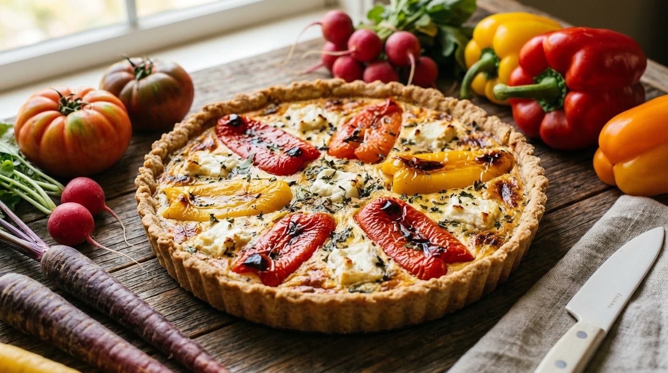 découvrez notre recette savoureuse de quiche au chèvre fondant et poivrons colorés, un plat gourmand et plein de saveurs qui ravira vos papilles.