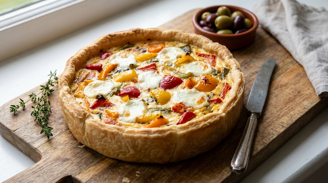 découvrez notre délicieuse quiche au chèvre fondant et poivrons colorés, une recette savoureuse et facile à réaliser pour un repas gourmand et coloré.