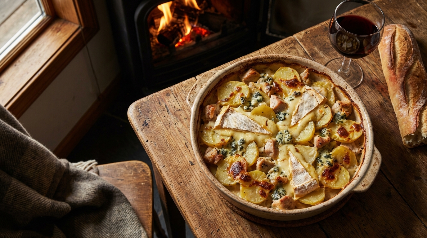 découvrez une tartiflette revisitée alliant poulet tendre et fromage bleu savoureux pour une recette gourmande et originale qui séduira vos papilles.