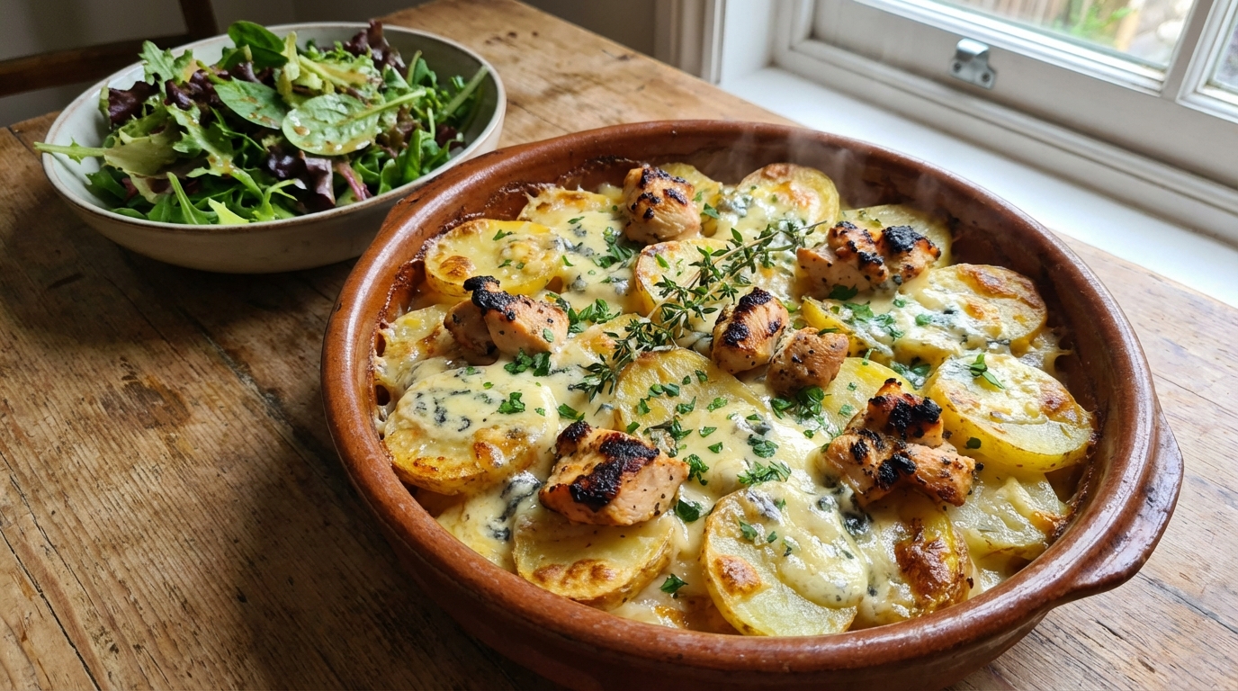 découvrez notre recette gourmande de tartiflette revisitée avec du poulet et du fromage bleu, pour une explosion de saveurs originale et délicieuse à partager.