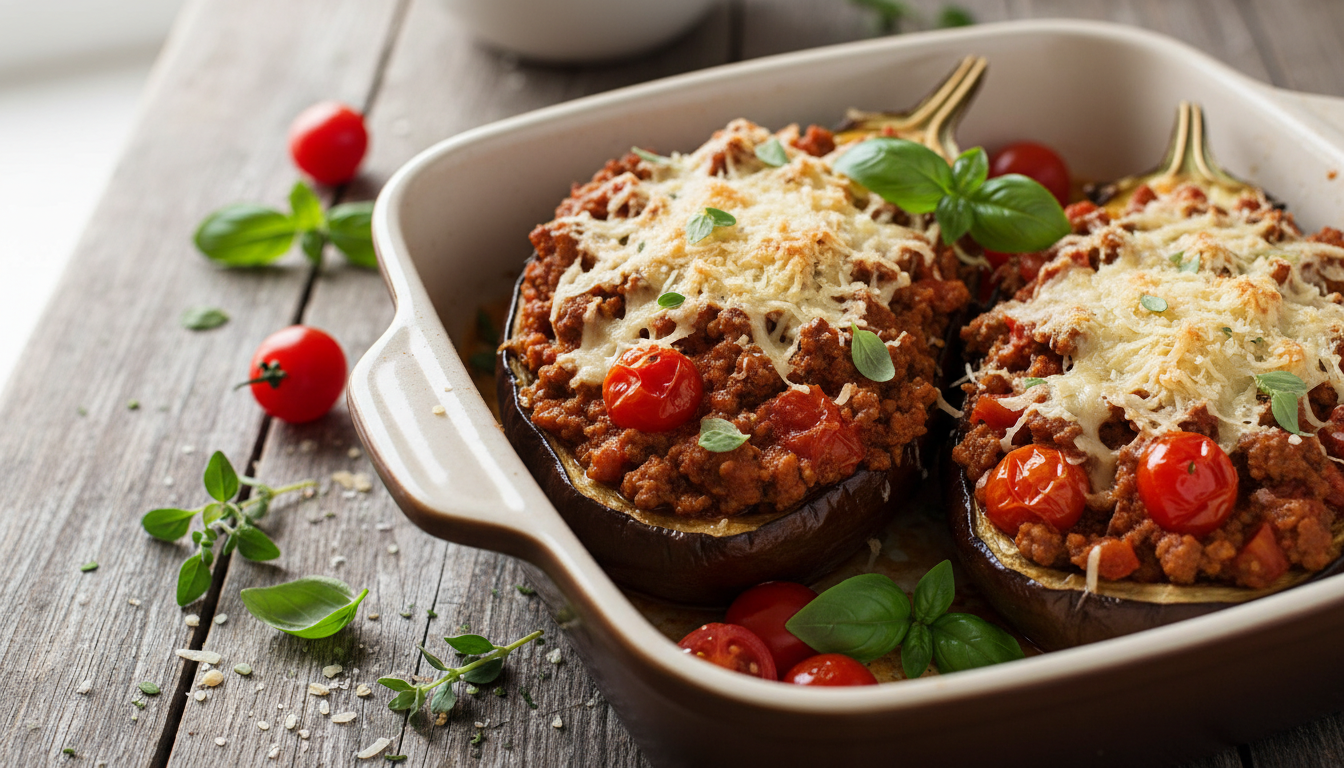 découvrez notre recette gourmande et saine d'aubergines farcies à la bolognaise allégée, parfaite pour un repas savoureux et léger.