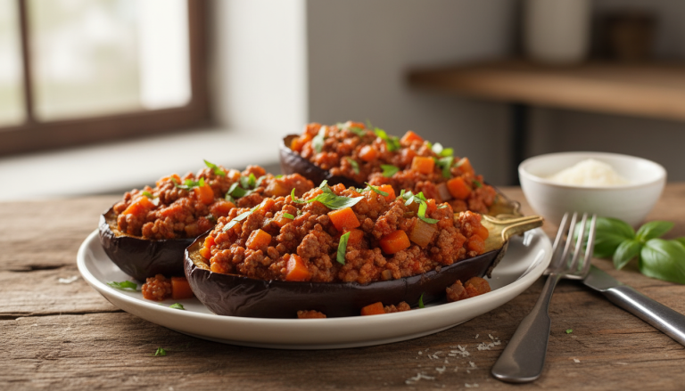 découvrez notre recette gourmande et saine d'aubergines farcies à la bolognaise allégée, idéale pour un repas savoureux et équilibré.