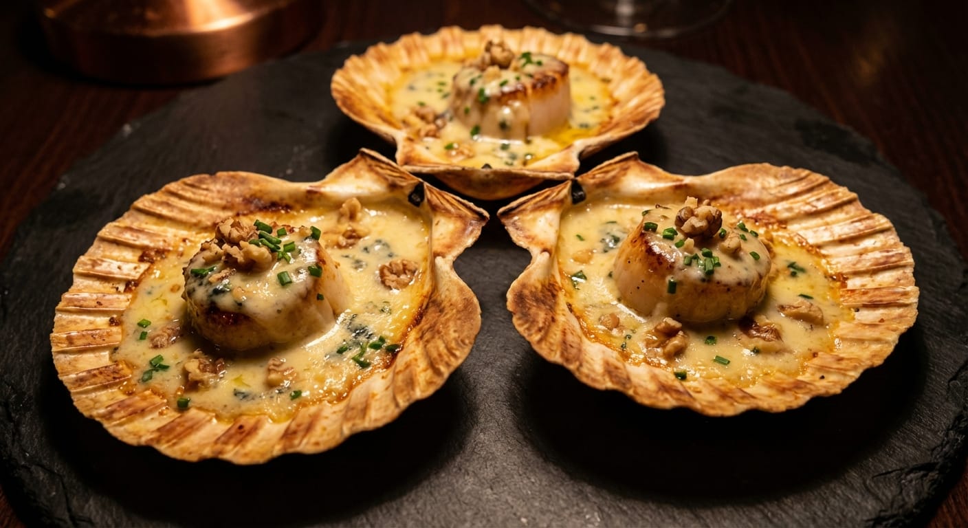 savourez nos délicieuses coquilles saint-jacques généreusement nappées d'une onctueuse crème au fromage bleu, une recette raffinée et gourmande parfaite pour vos repas élégants.