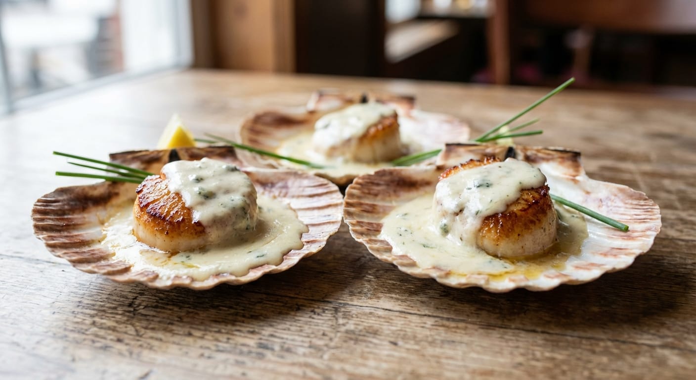savourez nos délicieuses coquilles saint-jacques, généreusement nappées d'une onctueuse crème au fromage bleu pour une expérience gourmande et raffinée.
