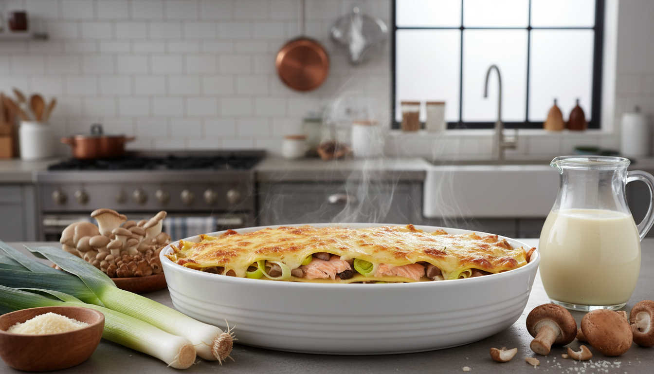 découvrez notre recette de lasagnes légères au saumon, poireaux et champignons, généreusement nappées d'une béchamel onctueuse allégée pour un repas savoureux et équilibré.