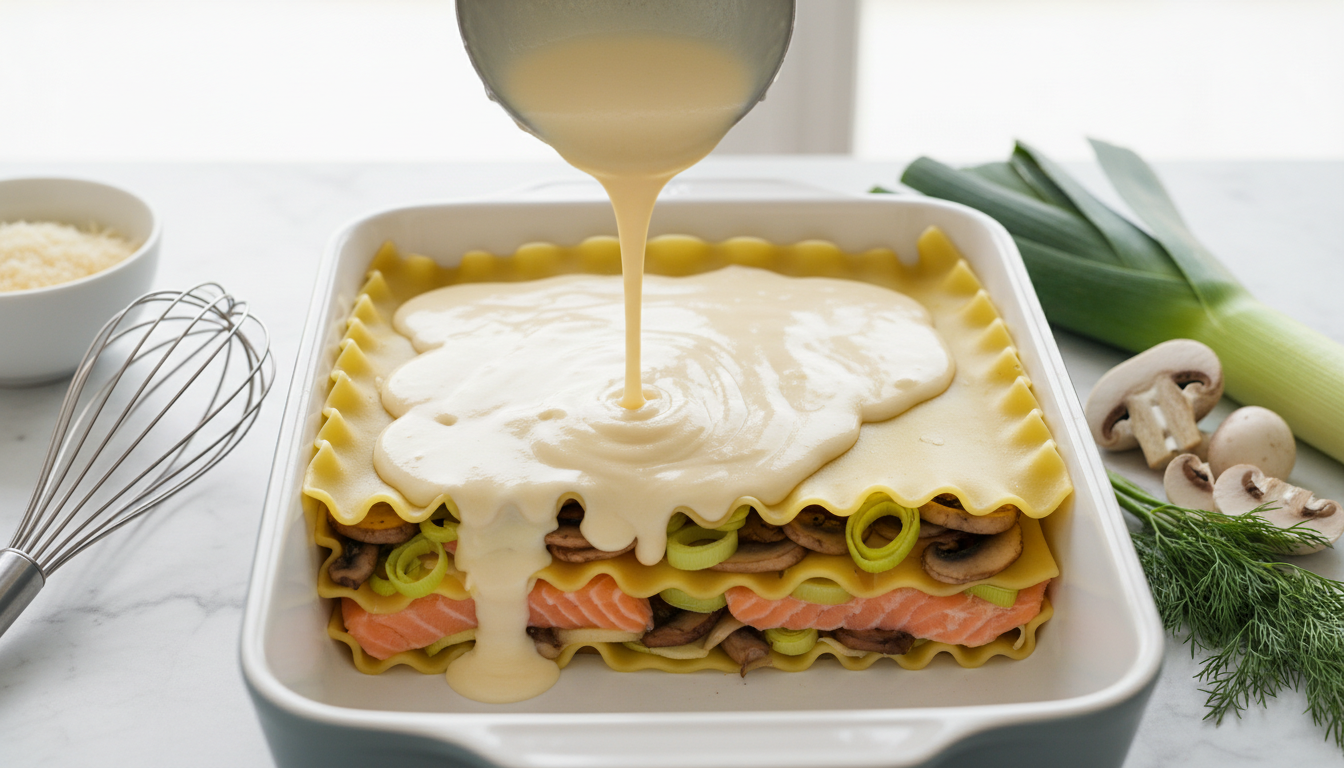 savourez nos lasagnes légères au saumon, poireaux et champignons, généreusement nappées d'une béchamel onctueuse allégée, pour un repas gourmand et équilibré.
