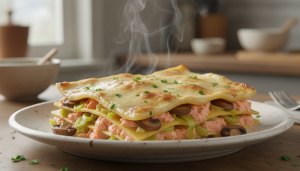 savourez nos lasagnes légères au saumon, poireaux et champignons, agrémentées d'une béchamel onctueuse et allégée pour un repas gourmand et équilibré.