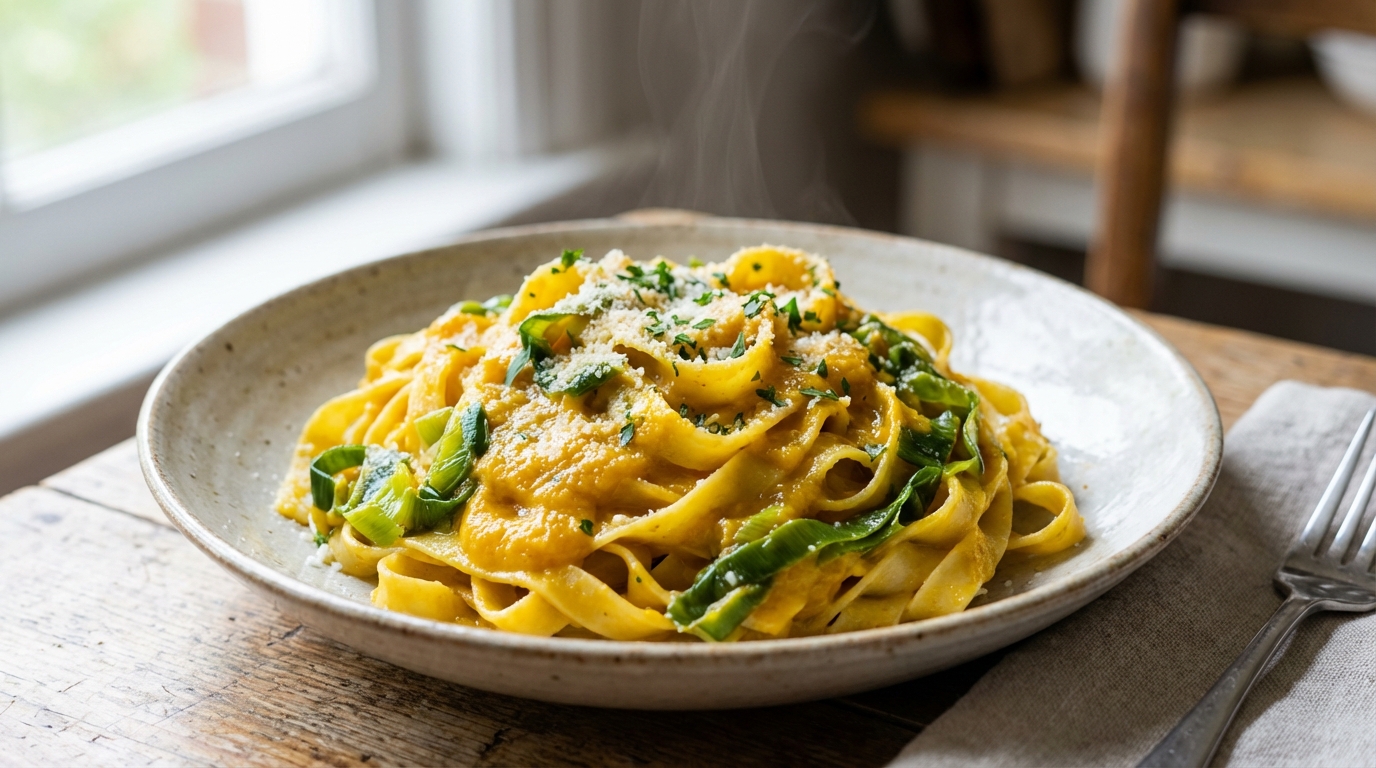 découvrez une recette savoureuse de pâtes aux poireaux, délicatement nappées d'une sauce onctueuse à base de butternut et de fromage frais, pour un repas gourmand et réconfortant.