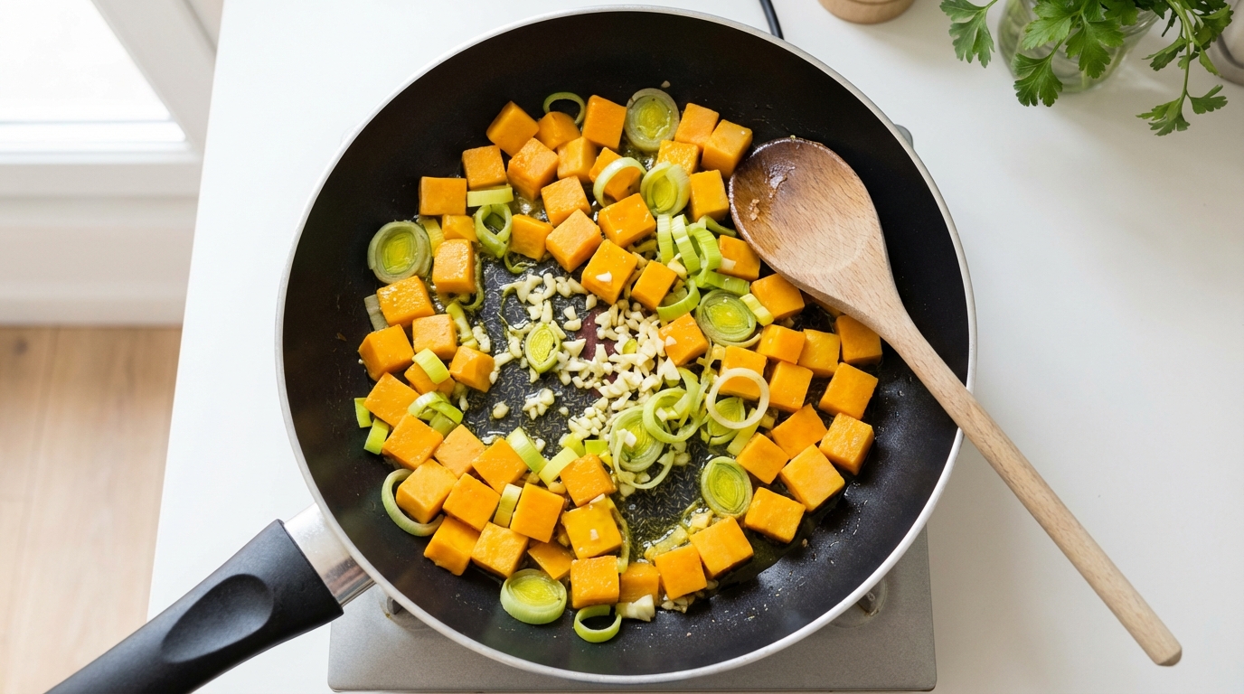 savourez nos délicieuses pâtes aux poireaux accompagnées d'une sauce onctueuse à la butternut et au fromage frais, pour un plat réconfortant et plein de saveurs.
