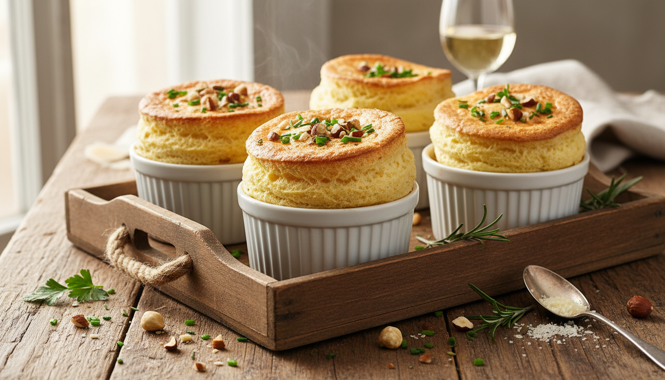 découvrez une recette savoureuse de soufflés aux herbes fraîches, noisettes croquantes et fromage fondant, idéale pour un repas gourmand et parfumé.