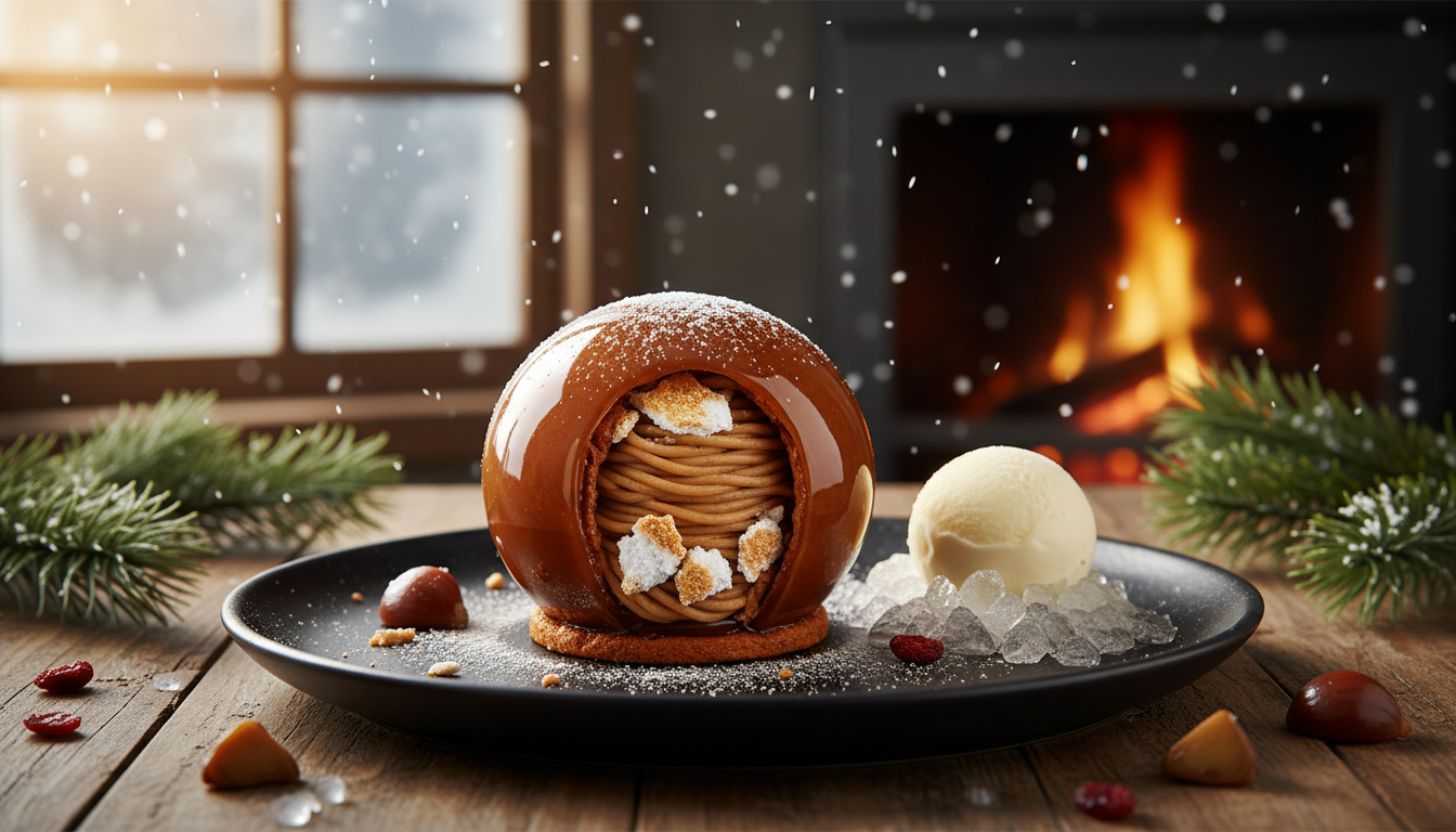 savourez une explosion gourmande avec la sphère mont-blanc glacée, un dessert exquis mêlant crème de marrons, meringue croustillante et glace vanille onctueuse.