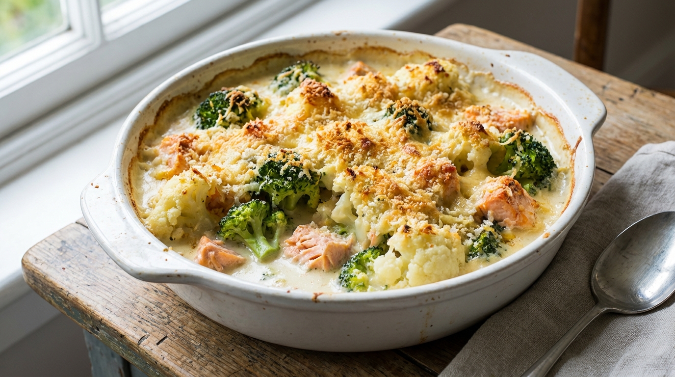 découvrez une recette minceur gourmande : un gratin sain et savoureux alliant brocoli, chou-fleur et saumon, parfait pour un repas équilibré et délicieux.