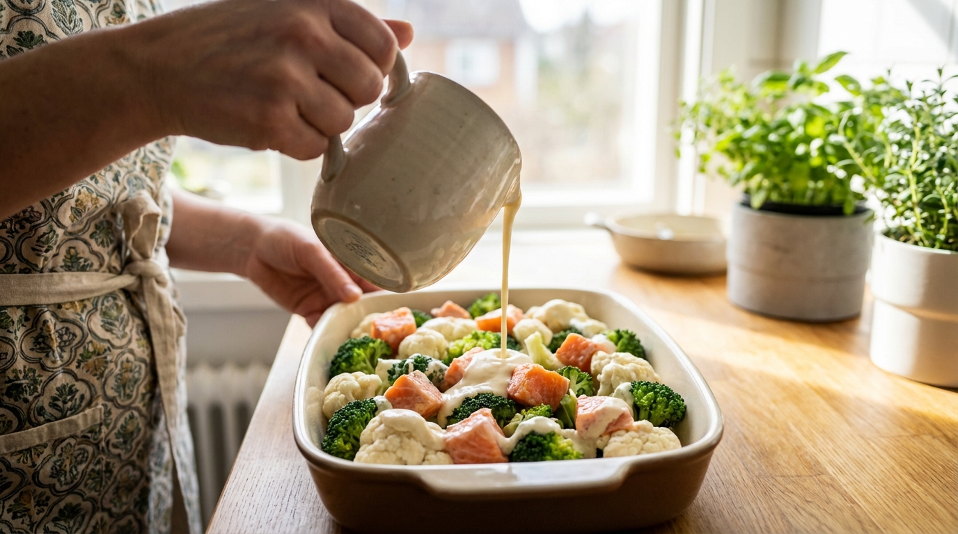 découvrez une recette minceur gourmande avec ce gratin sain et savoureux alliant brocoli, chou-fleur et saumon, parfait pour un repas équilibré et délicieux.