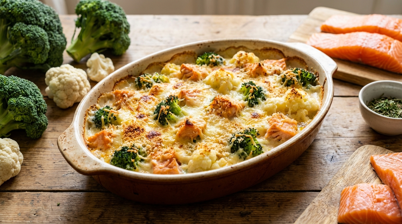 découvrez une recette minceur gourmande avec ce gratin sain et savoureux à base de brocoli, chou-fleur et saumon, parfait pour allier plaisir et équilibre.