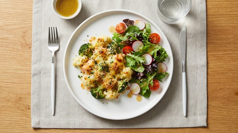 découvrez une recette minceur gourmande avec ce gratin sain et savoureux de brocoli, chou-fleur et saumon, parfait pour allier plaisir et équilibre nutritionnel.