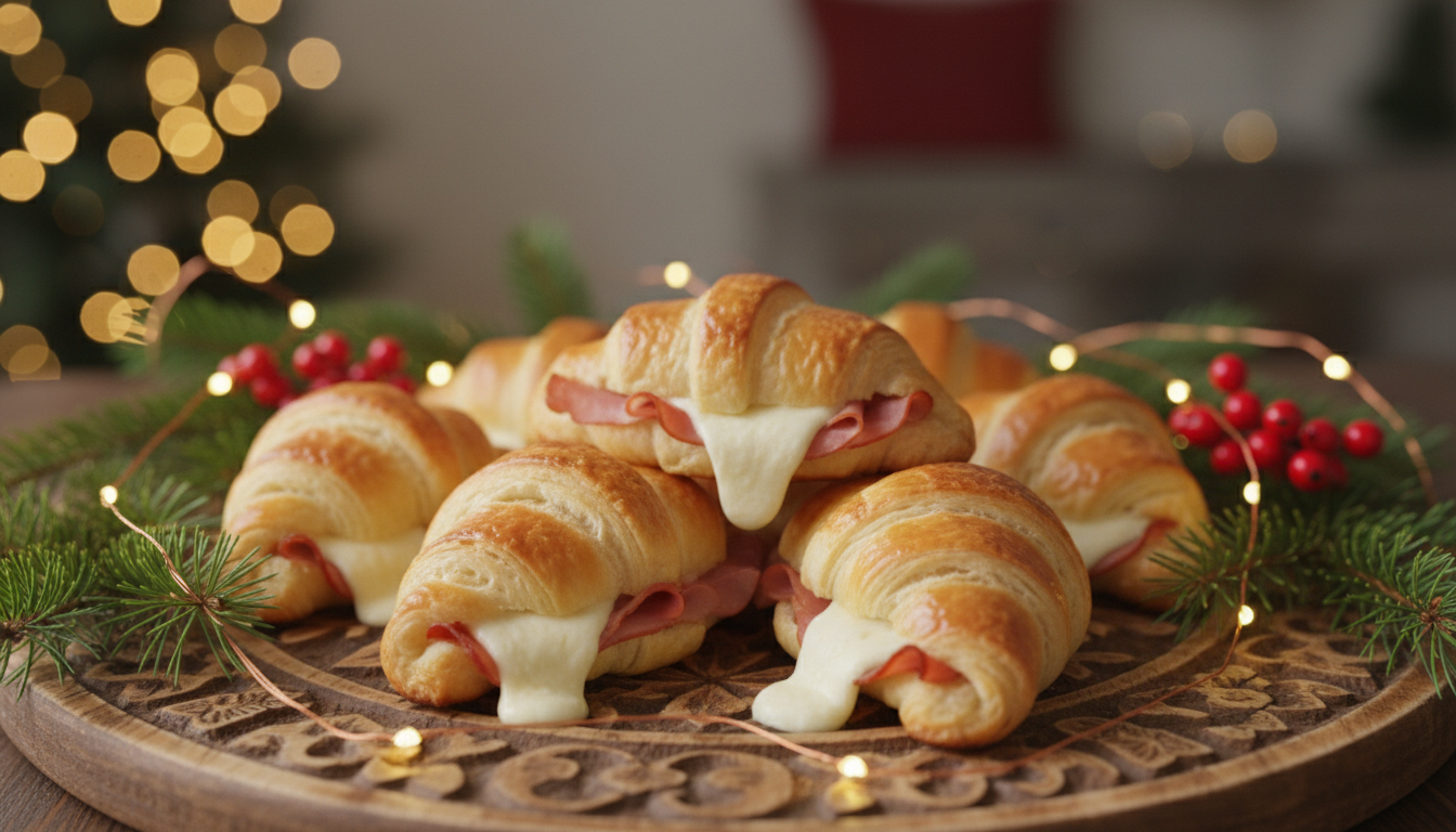 découvrez nos mini croissants feuilletés au jambon et mozzarella, un délice doré parfait pour régaler vos invités lors des apéros de noël.