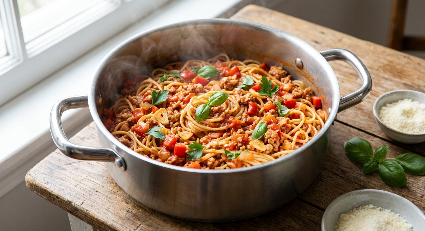 découvrez notre recette facile de pâtes bolognaises allégées, un plat savoureux préparé en une seule casserole pour un repas rapide et gourmand.