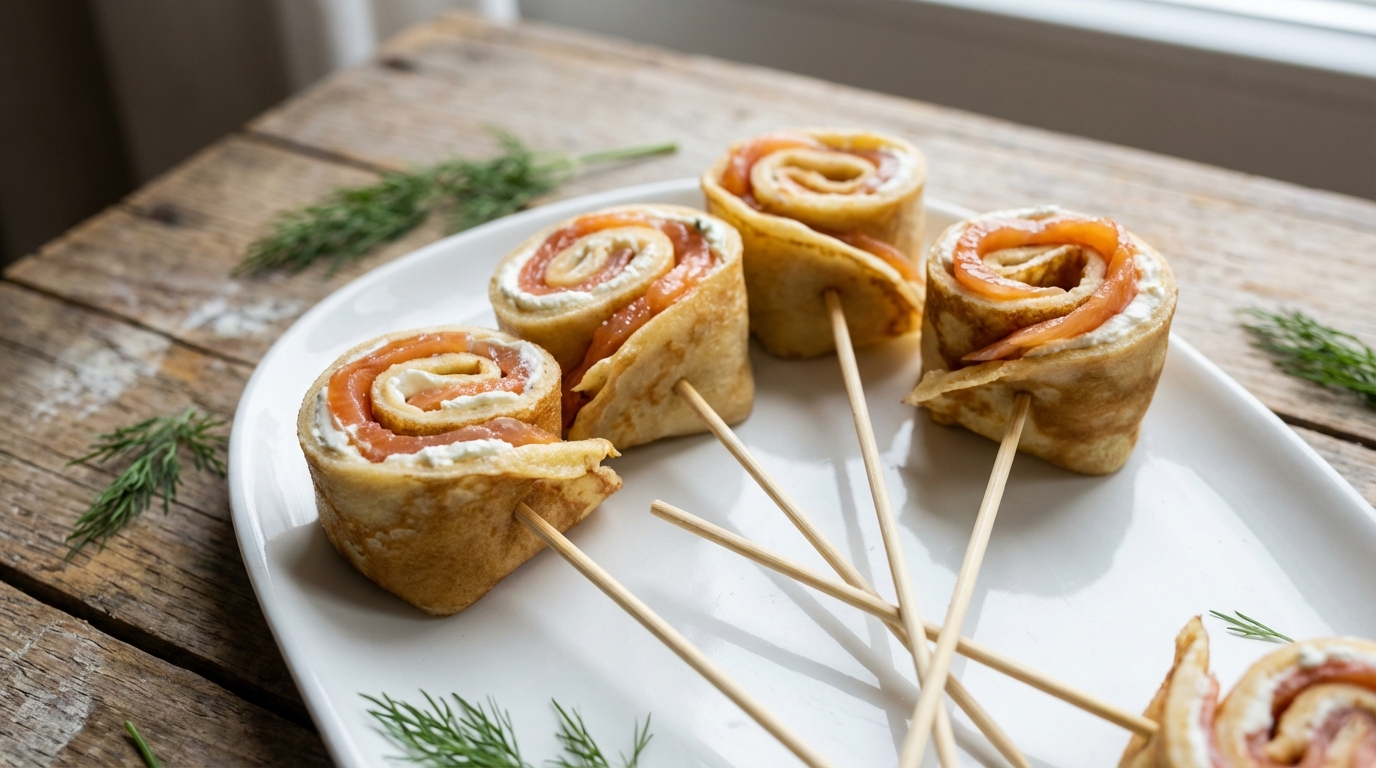 découvrez nos sucettes de crêpes légères garnies de saumon fumé et de fromage frais, une gourmandise raffinée parfaite pour vos apéritifs et repas élégants.