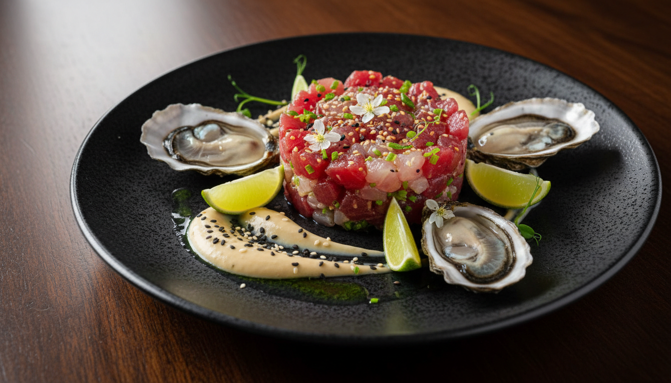 découvrez notre tartare raffiné de poisson cru et huîtres, rehaussé de miso, citron vert et sésame, pour apporter une touche d'élégance et de fraîcheur à vos fêtes.