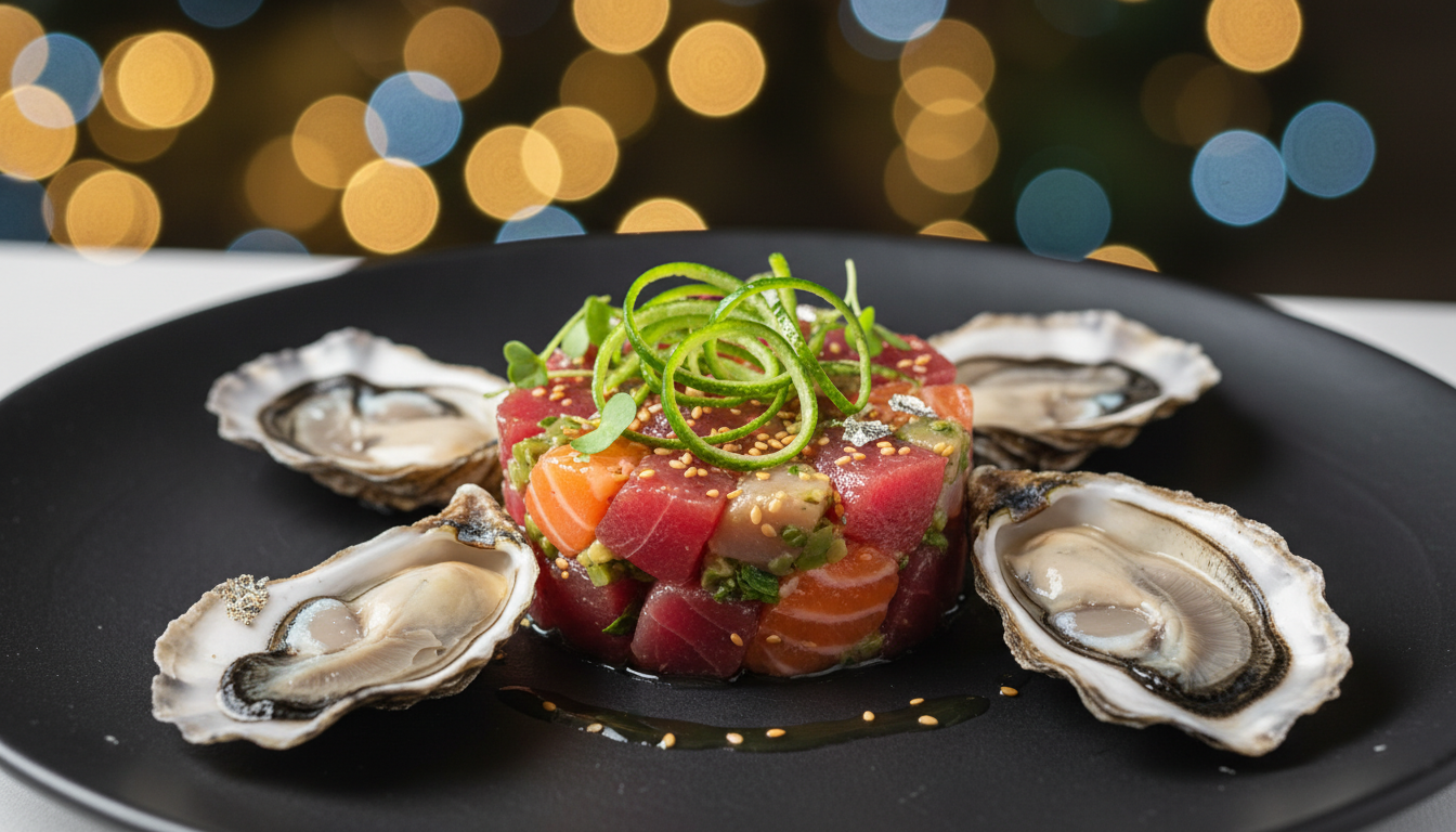 découvrez notre tartare raffiné de poisson cru et huîtres au miso, citron vert et sésame, une recette élégante et savoureuse parfaite pour sublimer vos repas de fête.