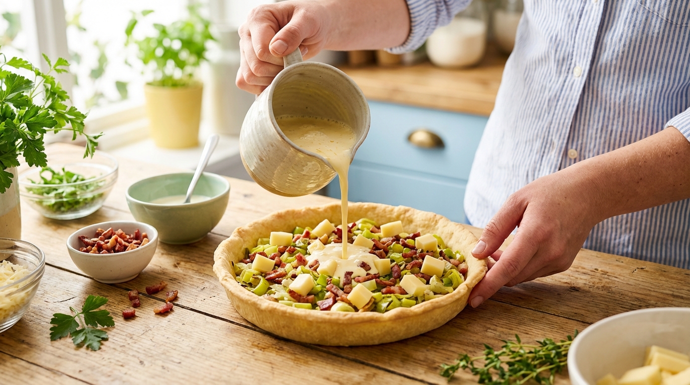 découvrez notre tarte savoureuse aux poireaux, au fromage fondant et au bacon croustillant, alliant simplicité et gourmandise pour un repas délicieux et réconfortant.